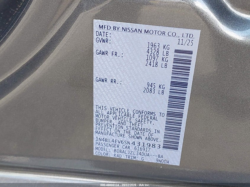 2025 NISSAN ALTIMA SEDAN 2.5L I-4 DI, DOHC, VVT, REGULAR , 188HP