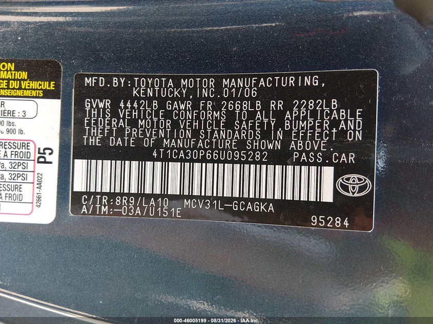 TOYOTA CAMRY SOLARA 2006 VIN 4T1CA30P66U095282