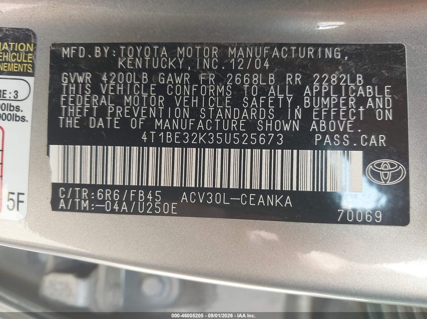 TOYOTA CAMRY 2005 VIN 4T1BE32K35U525673