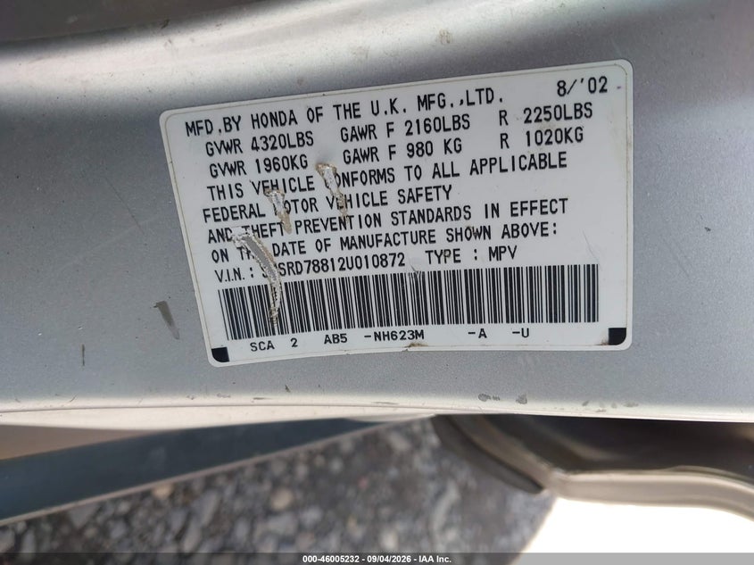 2002 HONDA CR-V SPORT UTILITY VEHICLE 2.4L I-4 DOHC, VVT, REGULAR , 160HP