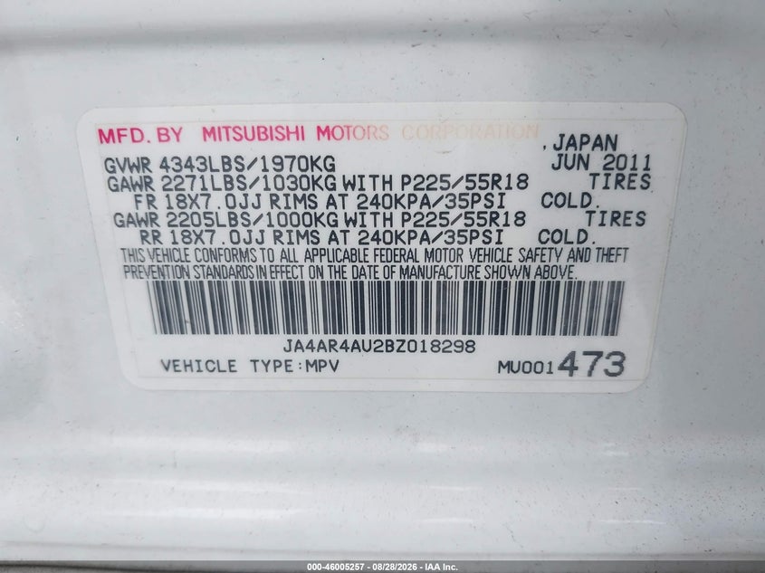 2011 MITSUBISHI OUTLANDER SPORT UTILITY VEHICLE 2.0L I-4 DOHC, VVT, REGULAR , 148HP