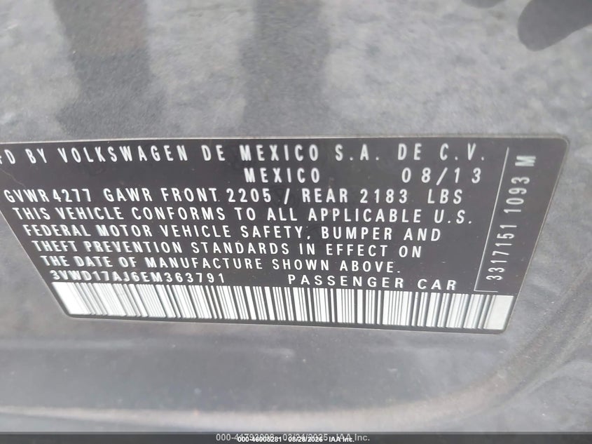 VOLKSWAGEN JETTA 2014 VIN 3VWD17AJ6EM363791