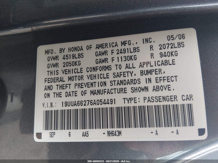 ACURA TL 2006 VIN 19UUA66276A054491