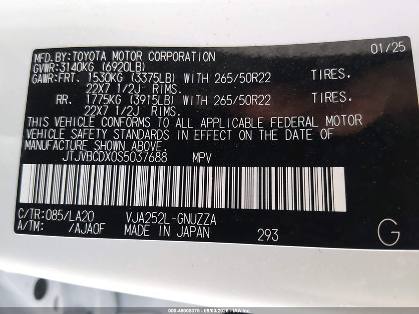 LEXUS GX 550 2025 VIN JTJVBCDX0S5037688