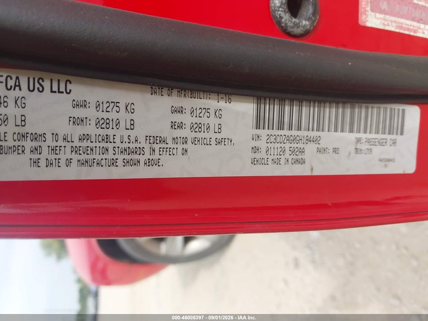 DODGE CHALLENGER 2016 VIN 2C3CDZAG0GH184402