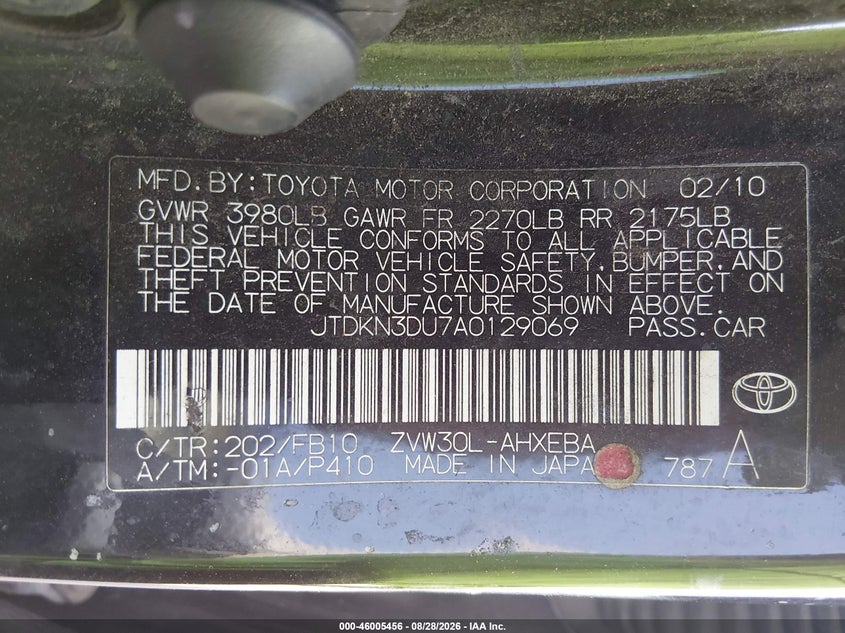 TOYOTA PRIUS 2010 VIN JTDKN3DU7A0129069