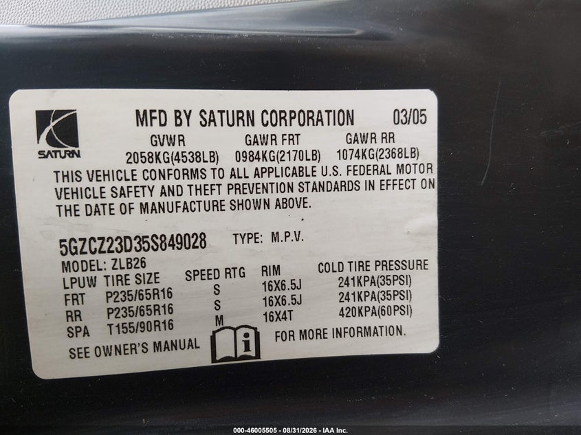 SATURN VUE 2005 VIN 5GZCZ23D35S849028