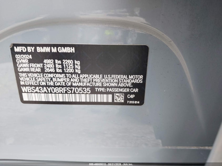BMW M3 2024 VIN WBS43AY08RFS70535
