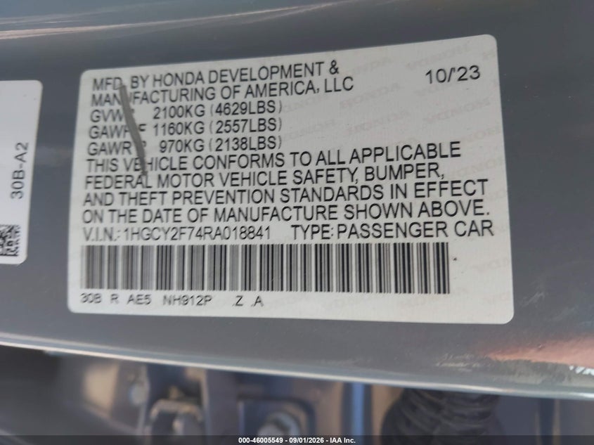 HONDA ACCORD HYBRID 2024 VIN 1HGCY2F74RA018841