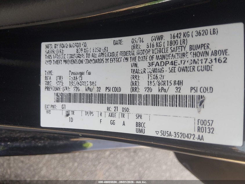 FORD FIESTA 2016 VIN 3FADP4EJ7GM173162