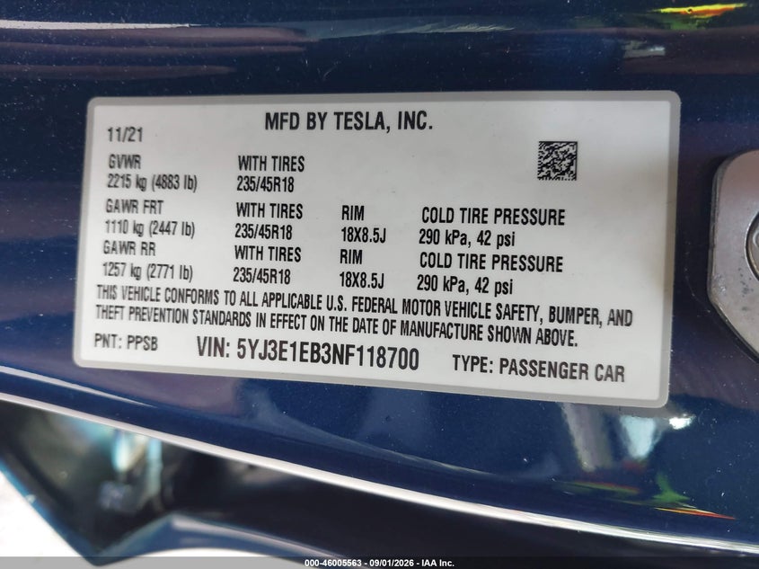 TESLA MODEL 3 2022 VIN 5YJ3E1EB3NF118700