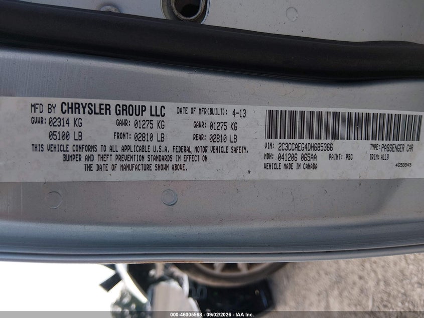 CHRYSLER 300C 2013 VIN 2C3CCAEG4DH685366