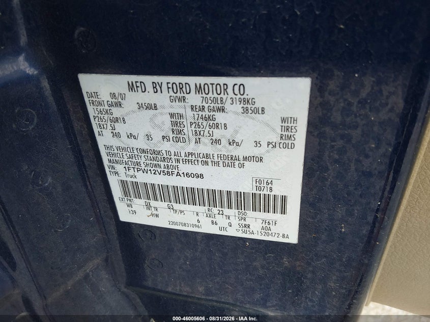 FORD F-150 2008 VIN 1FTPW12V58FA16098