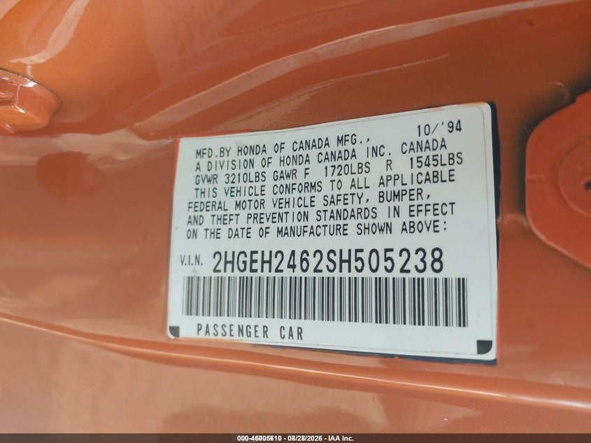 HONDA CIVIC 1995 VIN 2HGEH2462SH505238