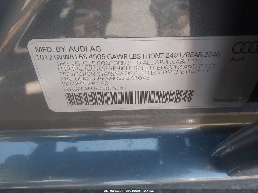 AUDI A4 2013 VIN WAUFFAFL5DN025501