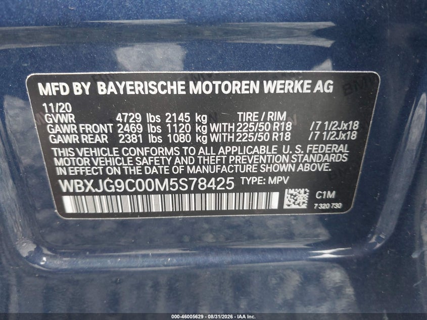 BMW X1 2021 VIN WBXJG9C00M5S78425