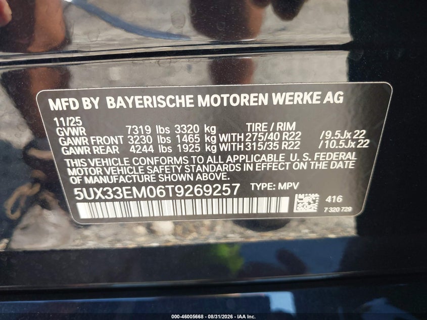 BMW X7 2026 VIN 5UX33EM06T9269257