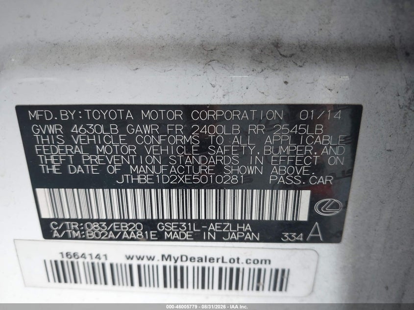 LEXUS IS 350 2014 VIN JTHBE1D2XE5010281