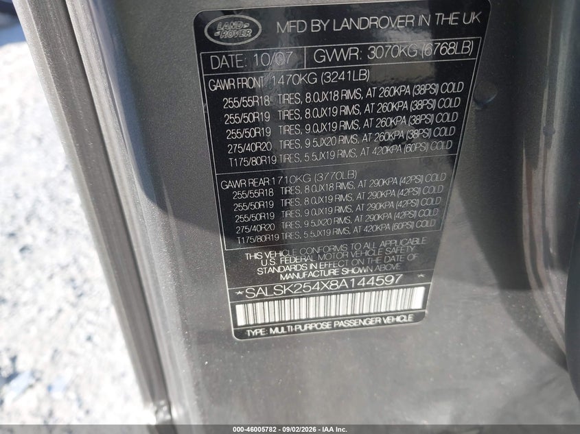 LAND-ROVER RANGE ROVER SPORT 2008 VIN SALSK254X8A144597