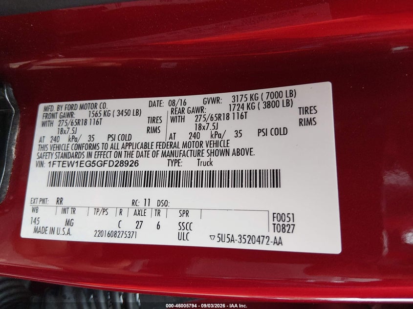FORD F-150 2016 VIN 1FTEW1EG5GFD28926