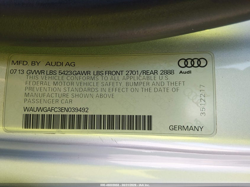 AUDI A7 2014 VIN WAUWGAFC3EN039492