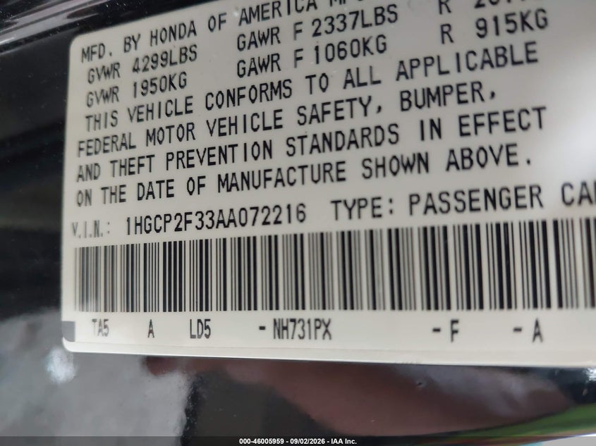HONDA ACCORD 2010 VIN 1HGCP2F33AA072216