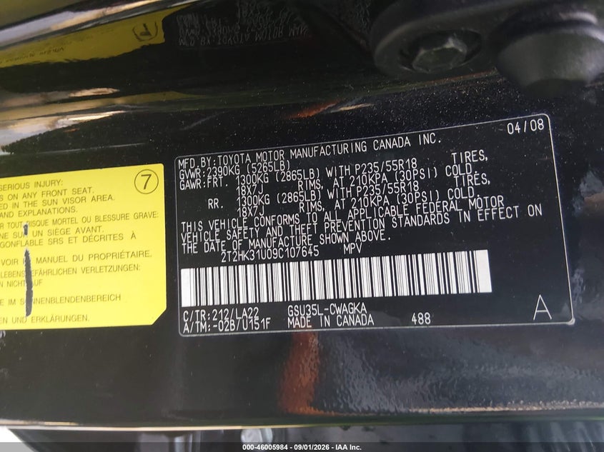 LEXUS RX 350 2009 VIN 2T2HK31U09C107645