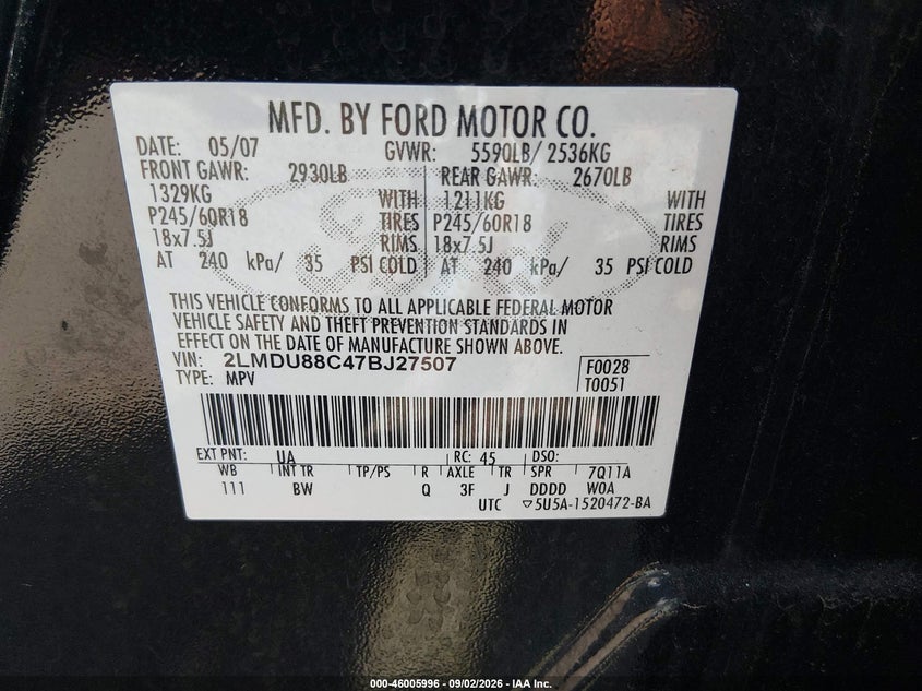 LINCOLN MKX 2007 VIN 2LMDU88C47BJ27507