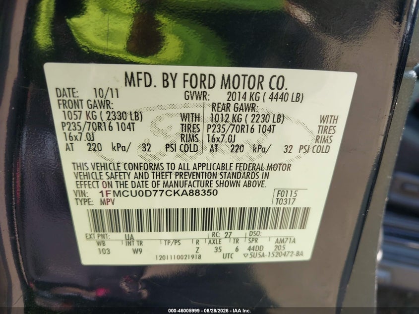 FORD ESCAPE 2012 VIN 1FMCU0D77CKA88350
