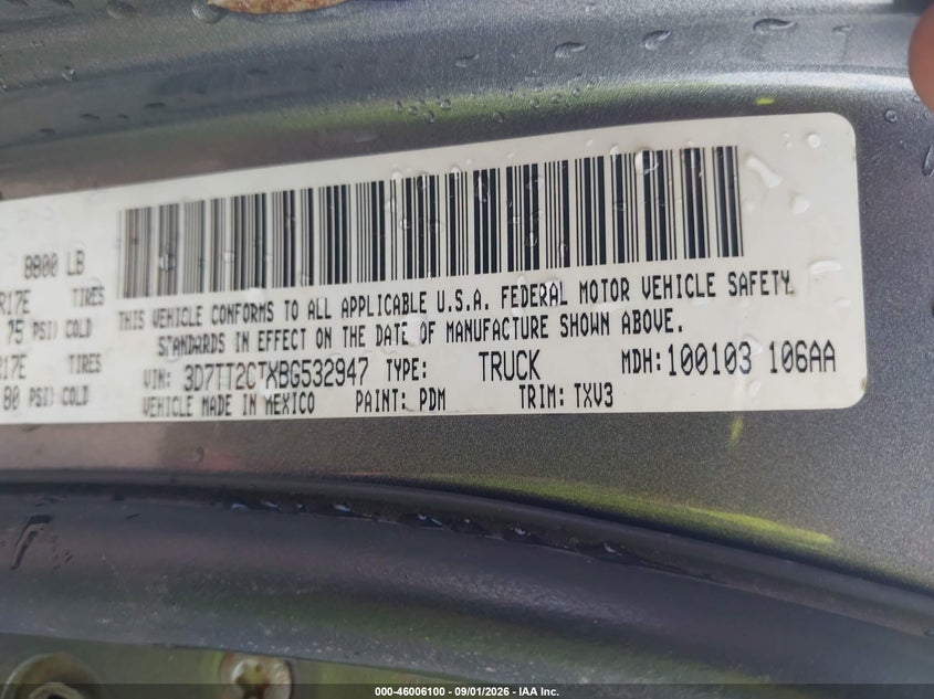 RAM RAM 2500 2011 VIN 3D7TT2CTXBG532947