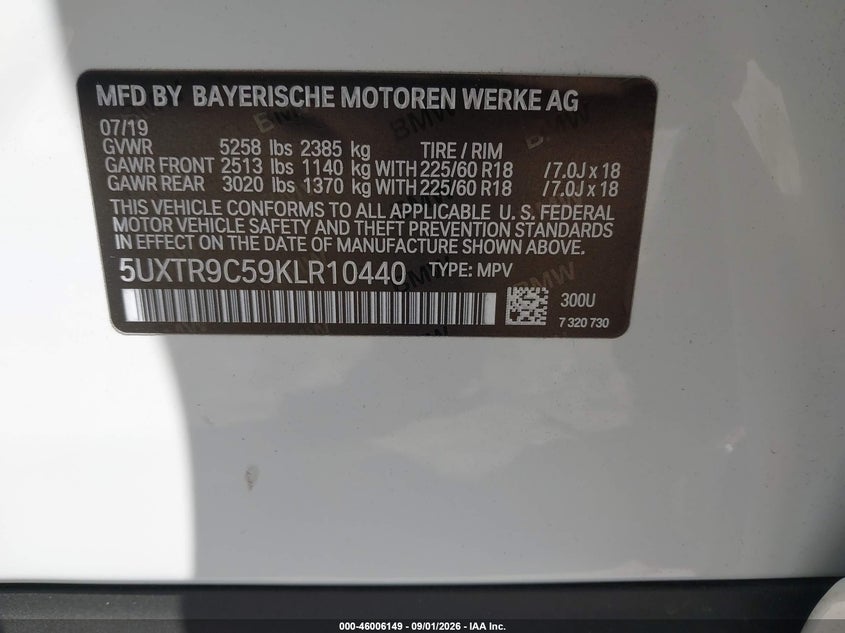 BMW X3 2019 VIN 5UXTR9C59KLR10440