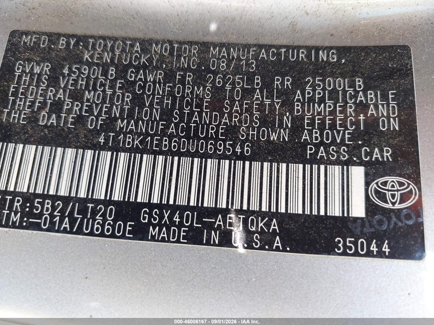 TOYOTA AVALON 2013 VIN 4T1BK1EB6DU069546