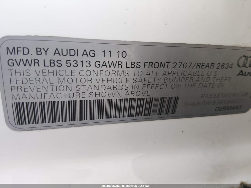 AUDI A6 2011 VIN WAUKGAFB3BN046377