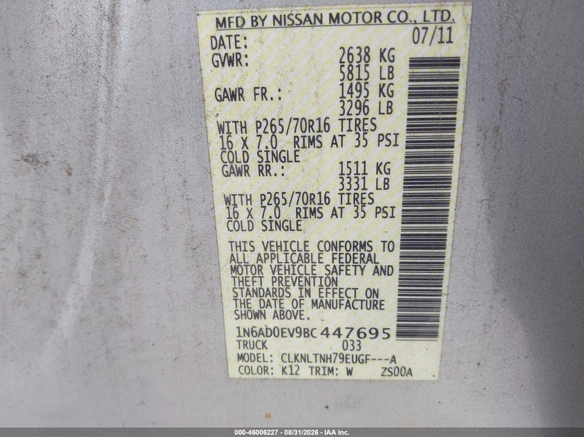 NISSAN FRONTIER 2011 VIN 1N6AD0EV9BC447695