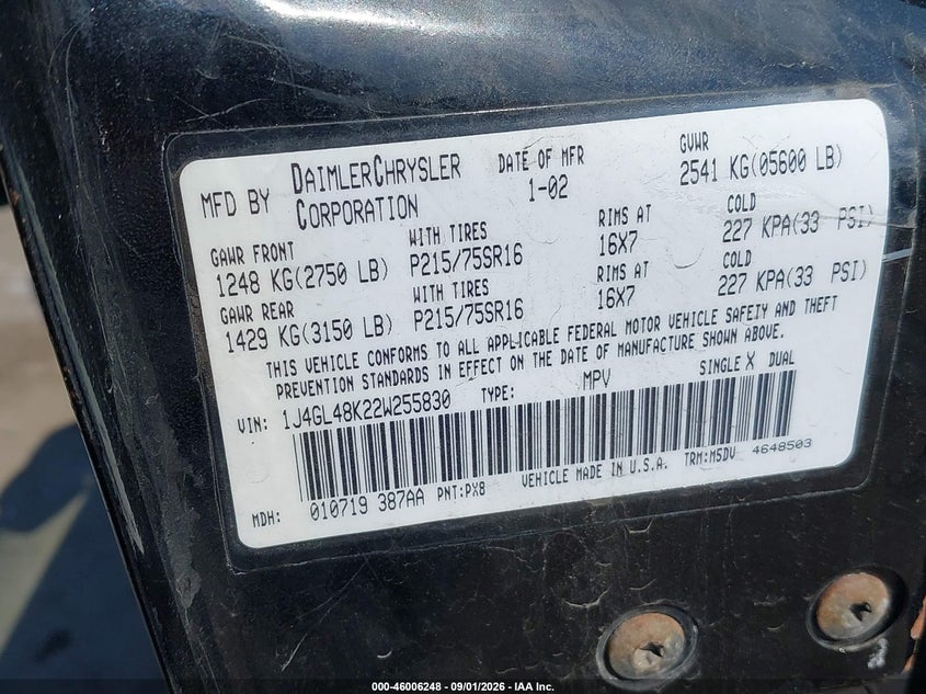 JEEP LIBERTY 2002 VIN 1J4GL48K22W255830