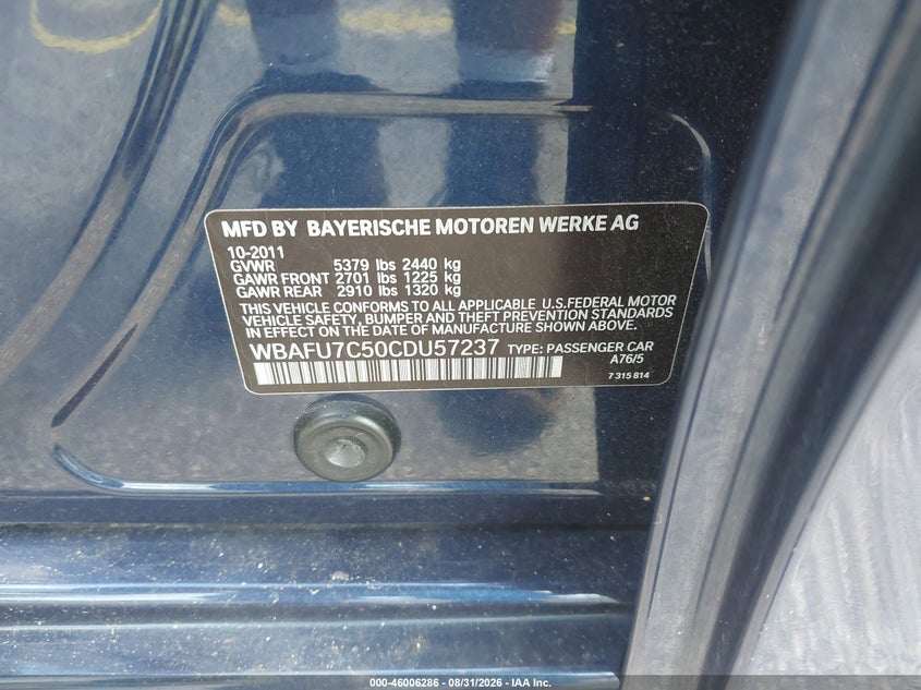 2012 BMW 5ER SEDAN 3.0L I-6 DI, DOHC, VVT, TURBO, 300HP