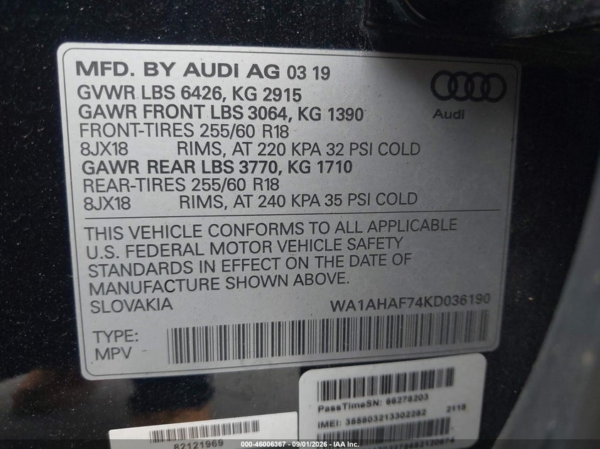 AUDI Q7 2019 VIN WA1AHAF74KD036190