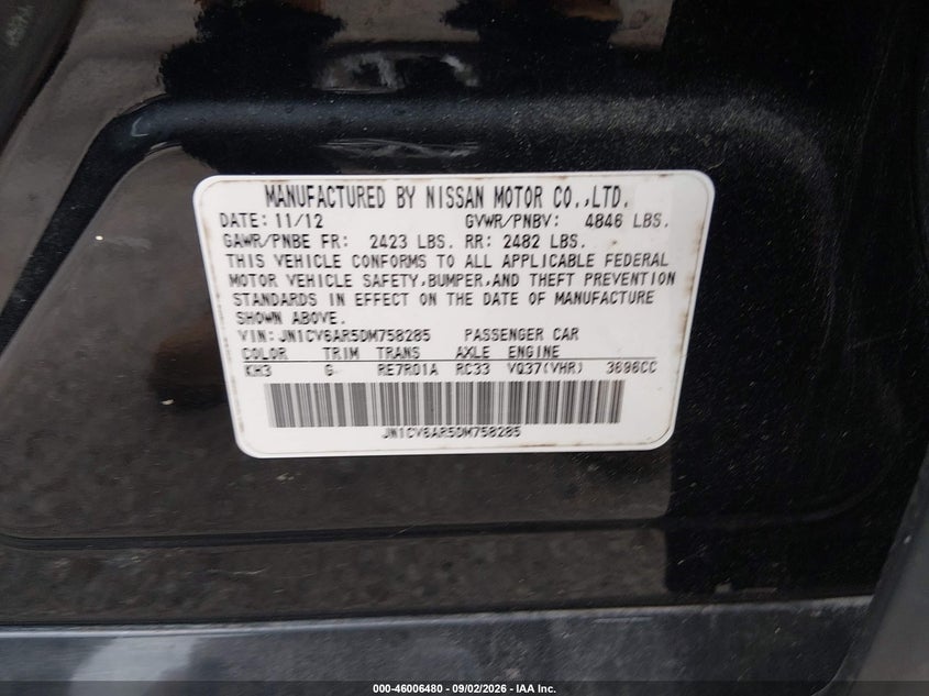 INFINITI G37X 2013 VIN JN1CV6AR5DM758285