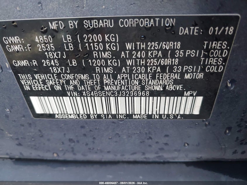 SUBARU OUTBACK 2018 VIN 4S4BSENC3J3296968