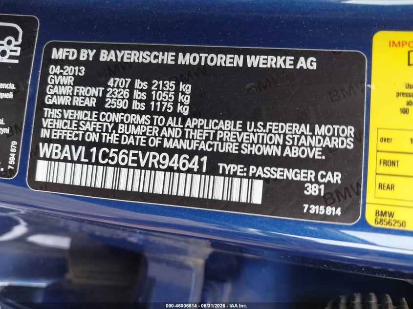 BMW X1 2014 VIN WBAVL1C56EVR94641