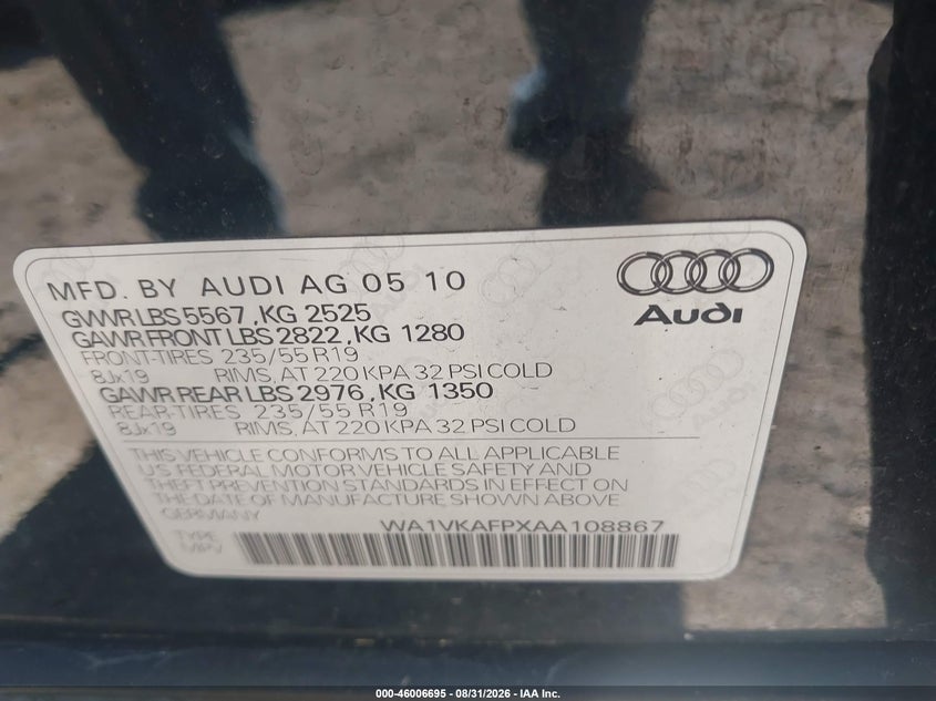 AUDI Q5 2010 VIN WA1VKAFPXAA108867