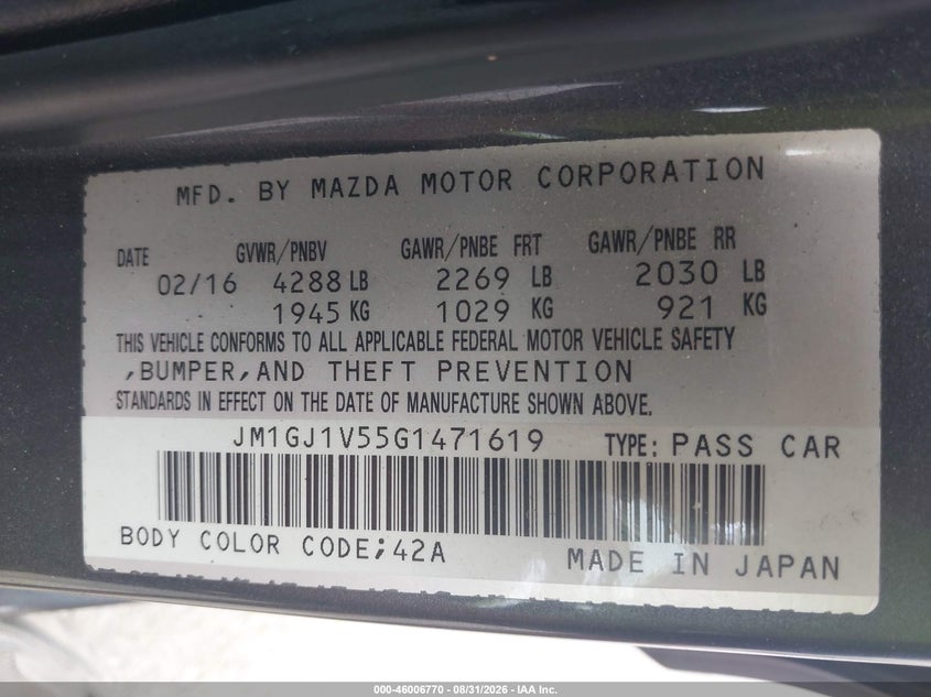 2016 MAZDA 6 SEDAN 2.5L I-4 DI, DOHC, VVT, 184HP
