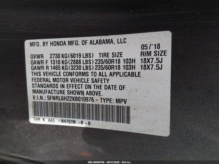HONDA ODYSSEY 2019 VIN 5FNRL6H22KB010976