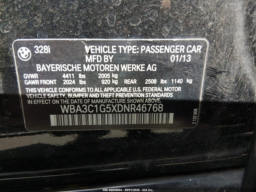BMW 328I 2013 VIN WBA3C1G5XDNR46768