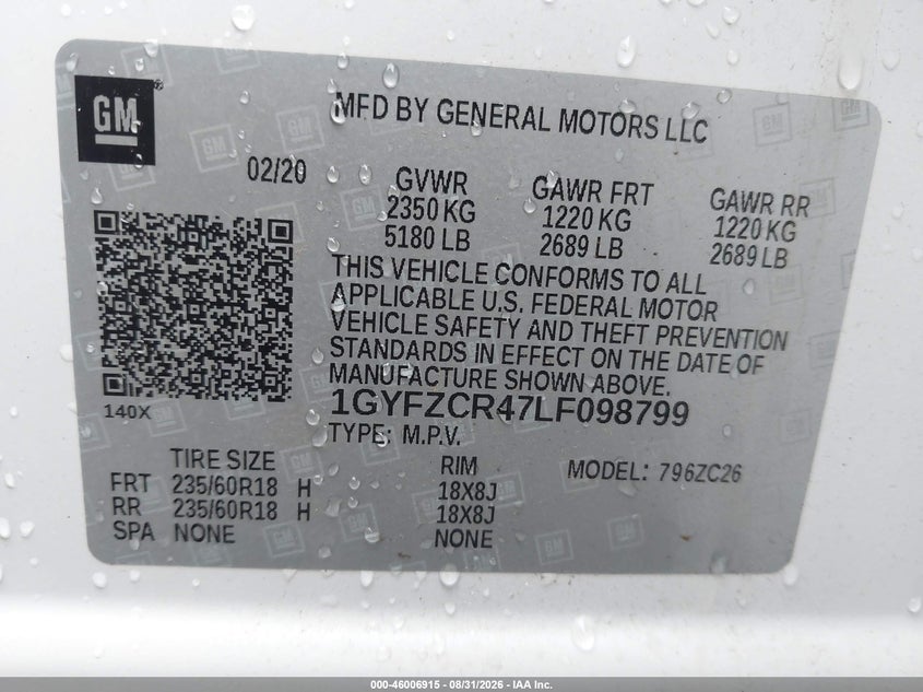 CADILLAC XT4 2020 VIN 1GYFZCR47LF098799