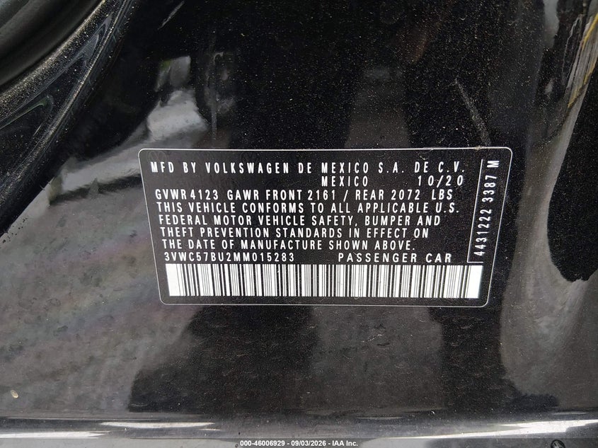 VOLKSWAGEN JETTA 2021 VIN 3VWC57BU2MM015283