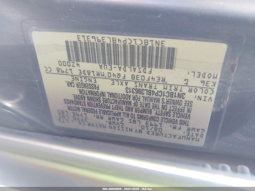 NISSAN VERSA 2011 VIN 3N1BC1CP4BL396313