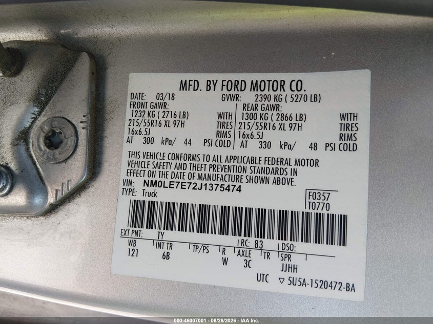 2018 FORD TRANSIT CONNECT VAN 2.5L I-4 DOHC, VVT, REGULAR , 169HP