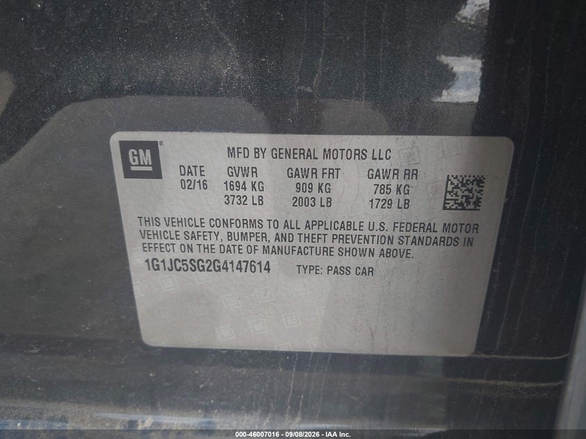 CHEVROLET SONIC 2016 VIN 1G1JC5SG2G4147614