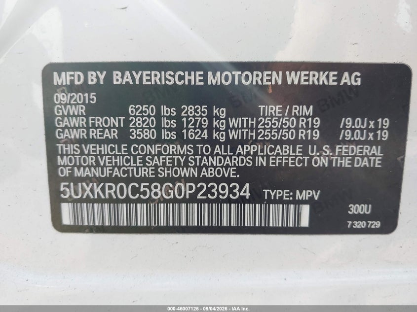 BMW X5 2016 VIN 5UXKR0C58G0P23934